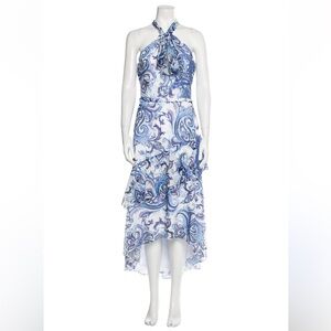 Theia blue white halter neck maxi tiered dress, size US 6